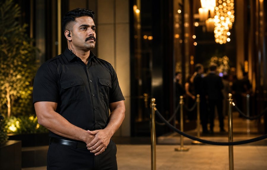 Bouncer standing alert at event entrance
