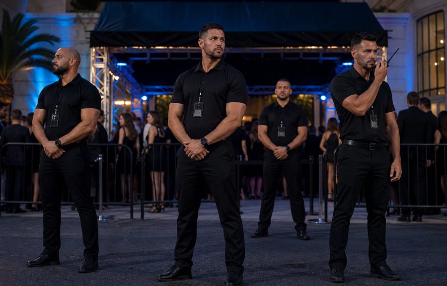 Bouncer team with communication device at event perimeter